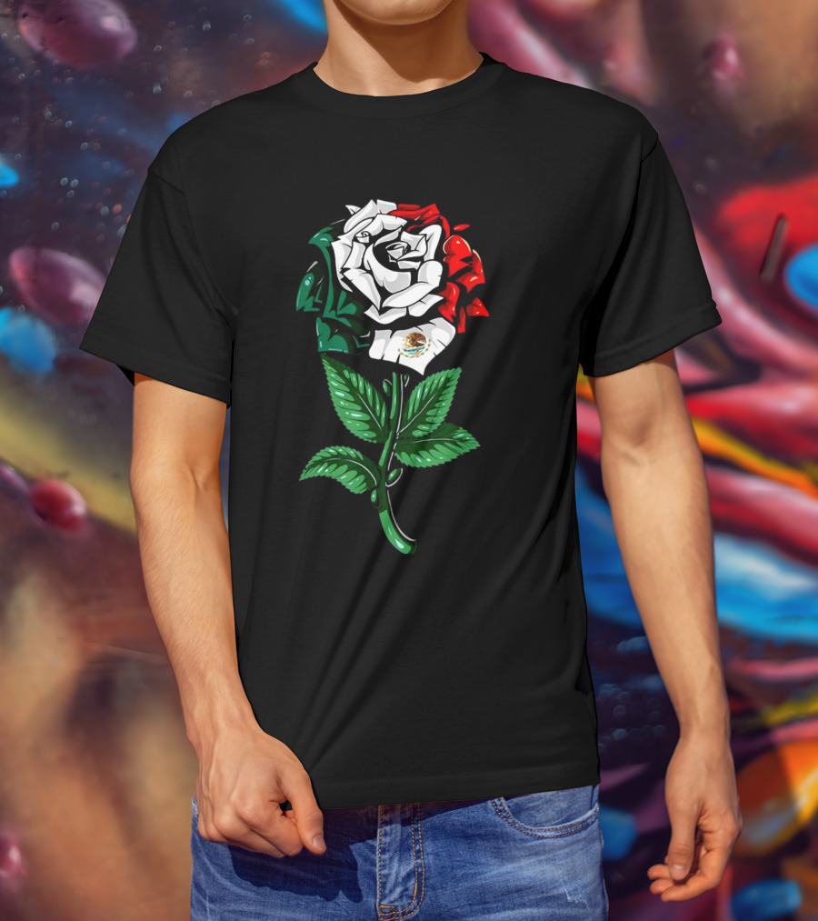 Rose In Colors Of Mexican Flag With Emblem T-Shirt