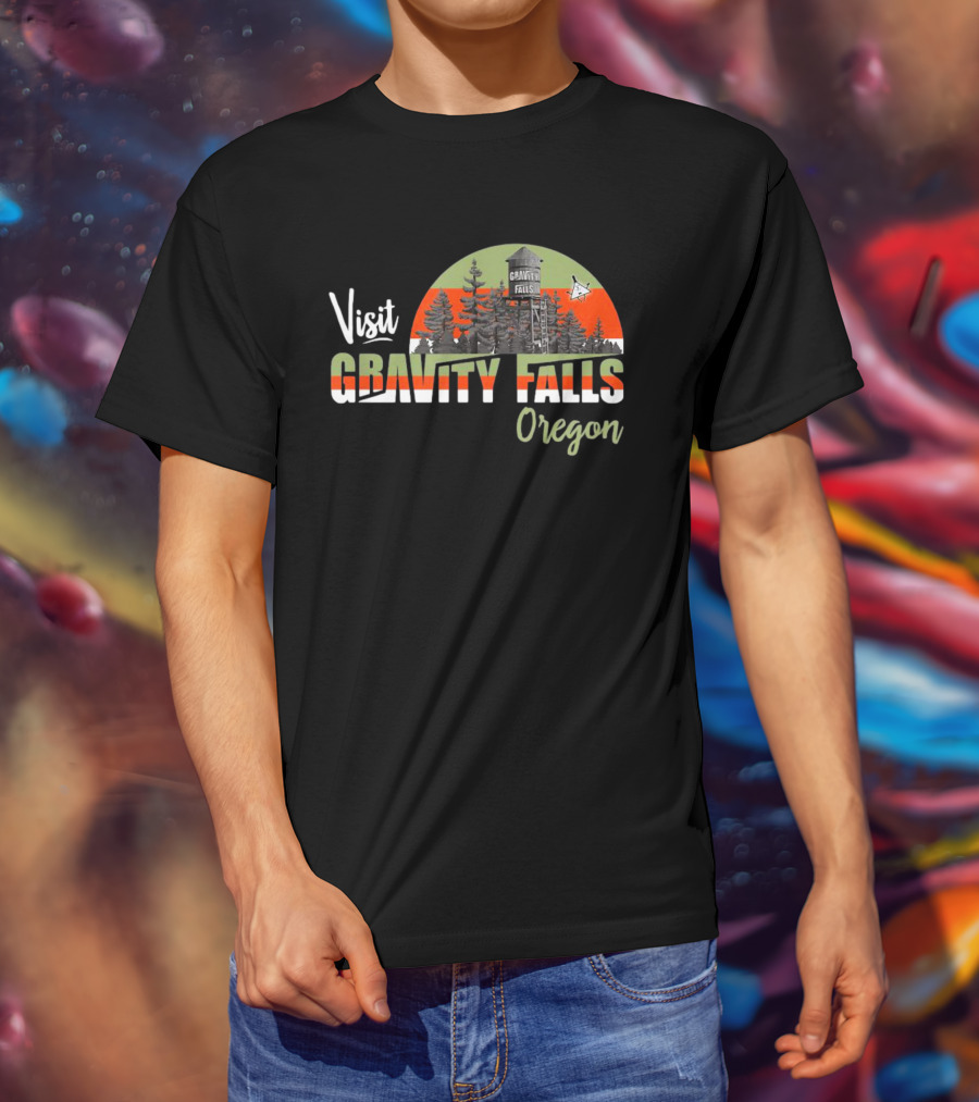 Visit Gravity Falls Oregon Trees And Lookout Tower Scene T-Shirt