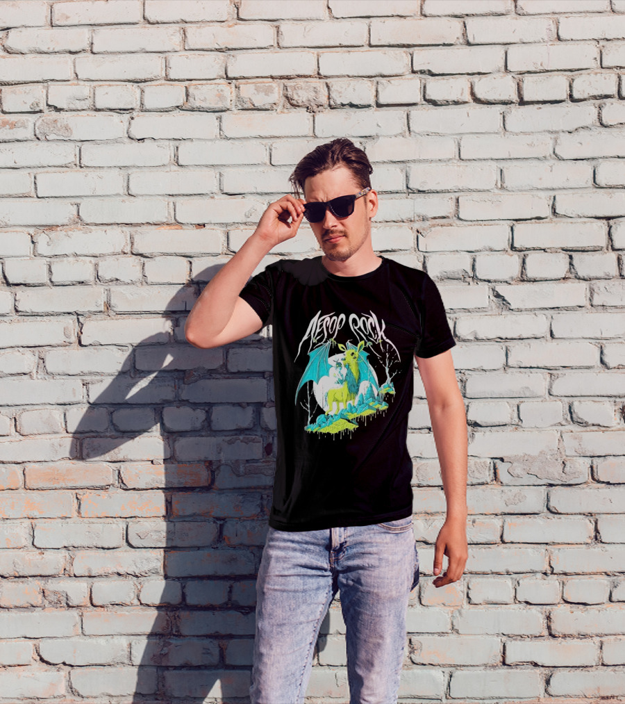 Aesop Rock Mythical Creature With Bat Wings And Moon Background T-Shirt
