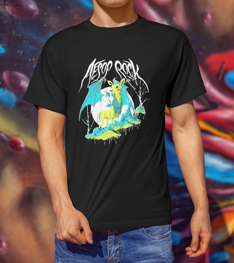 Aesop Rock Mythical Creature With Bat Wings And Moon Background T-Shirt