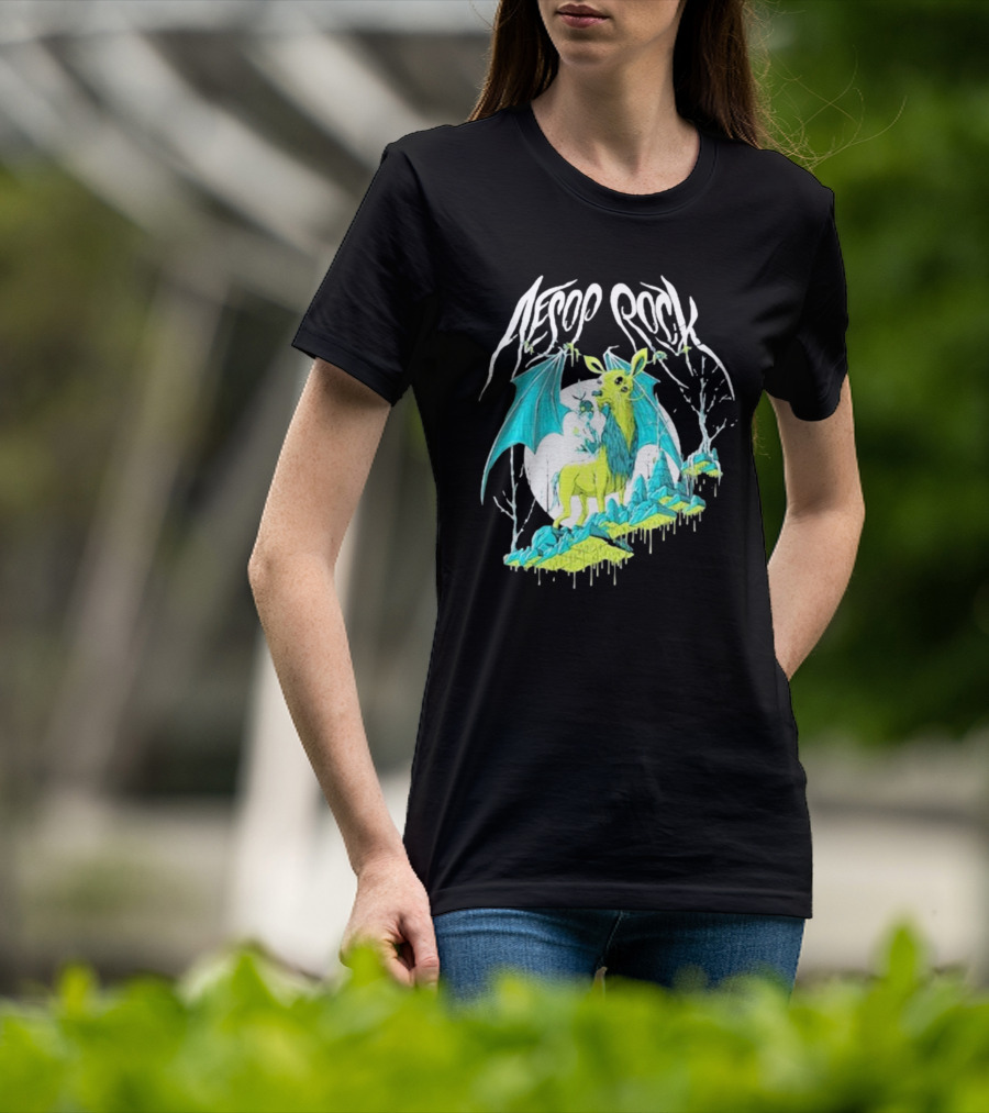Aesop Rock Mythical Creature With Bat Wings And Moon Background T-Shirt