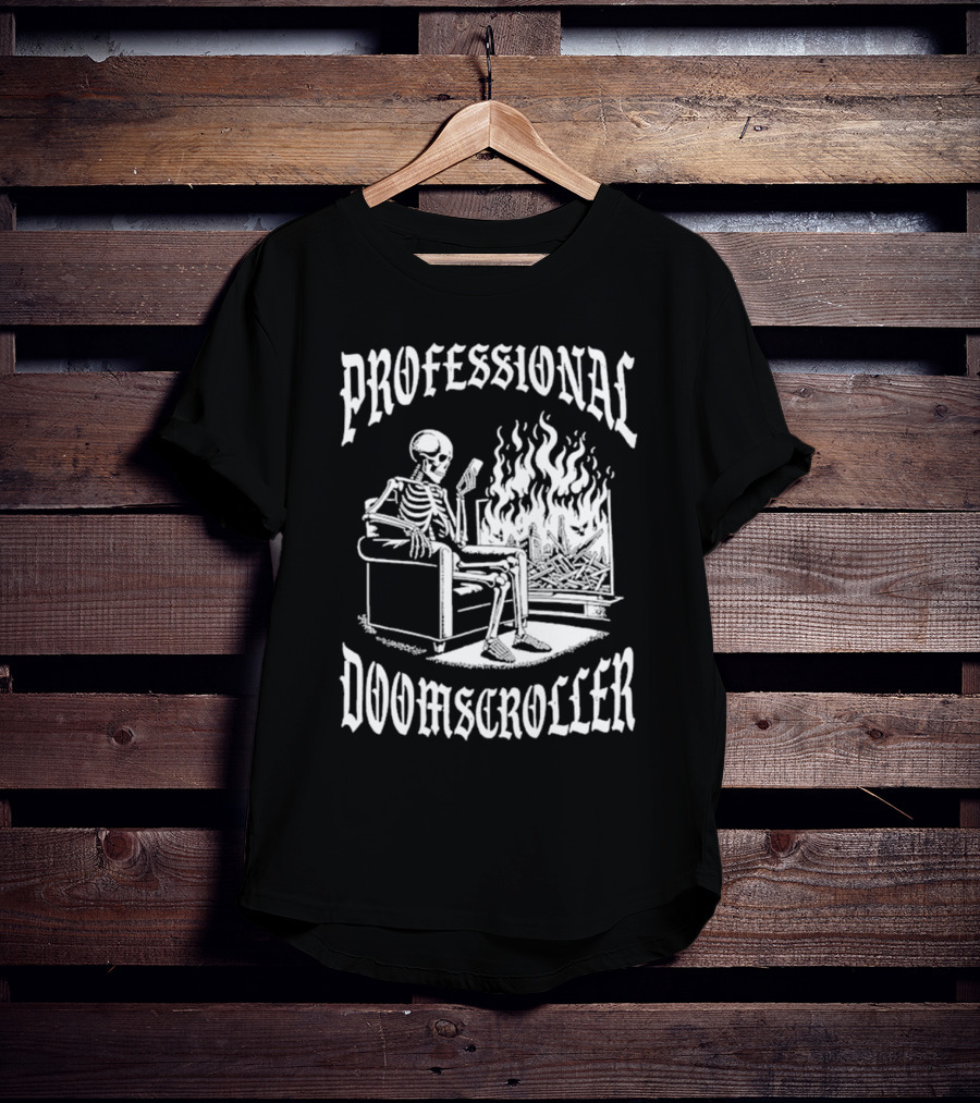 Professional Doomscroller Skeleton By Fireplace T-Shirt