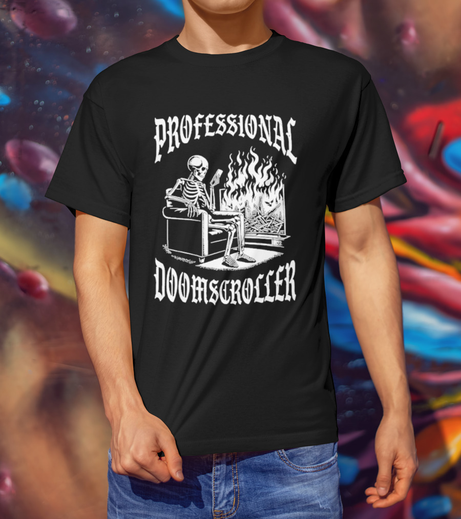 Professional Doomscroller Skeleton By Fireplace T-Shirt
