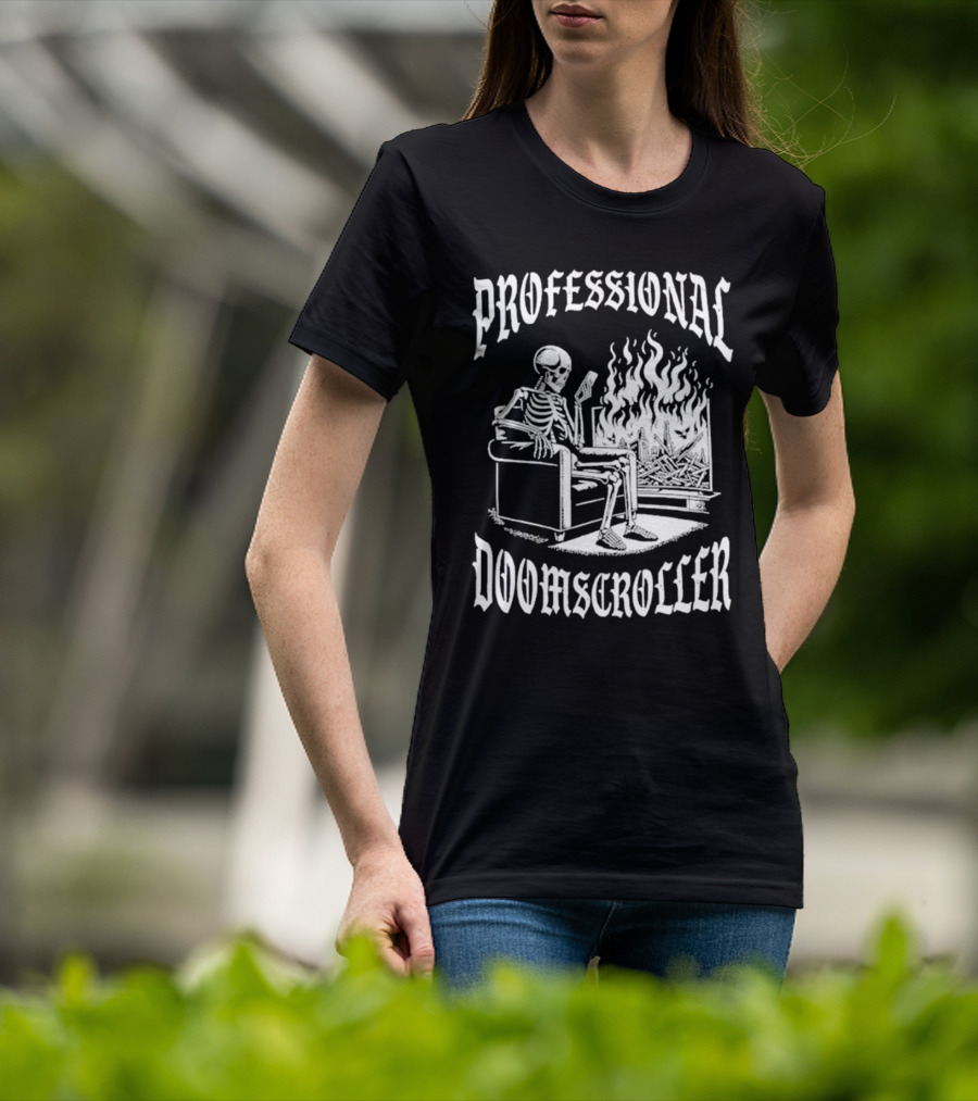 Professional Doomscroller Skeleton By Fireplace T-Shirt