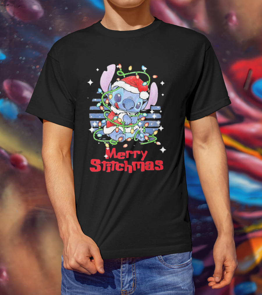 Merry Stitchmas Stitch Santa Claus Holiday Lights T-Shirt