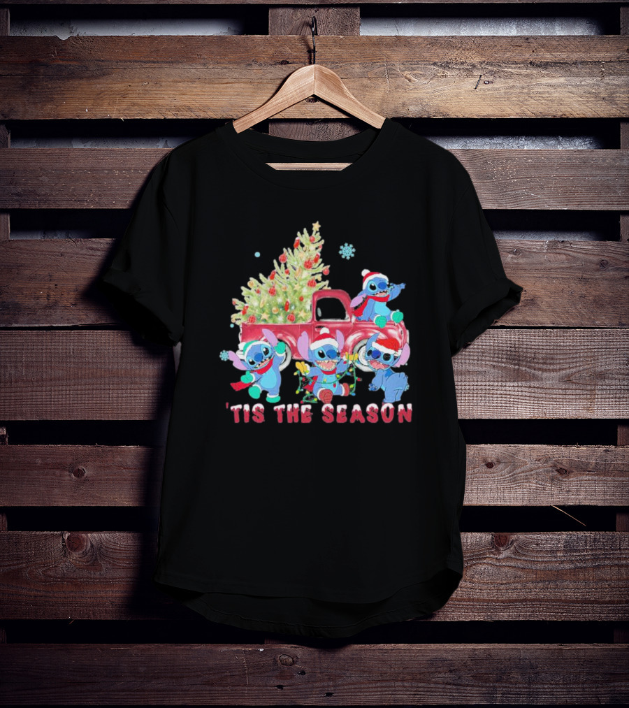 Stitch Tis The Season Christmas Santa Claus With Tree And Truck T-Shirt