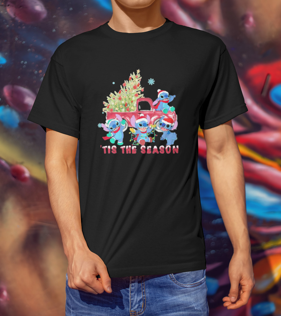 Stitch Tis The Season Christmas Santa Claus With Tree And Truck T-Shirt