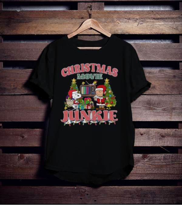 Christmas Movie Junkie Snoopy And Charlie Brown Festive TV Scene T-Shirt