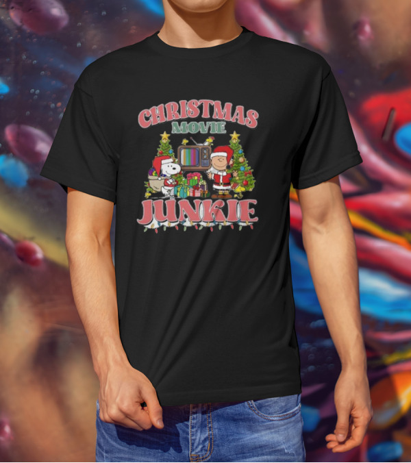 Christmas Movie Junkie Snoopy And Charlie Brown Festive TV Scene T-Shirt