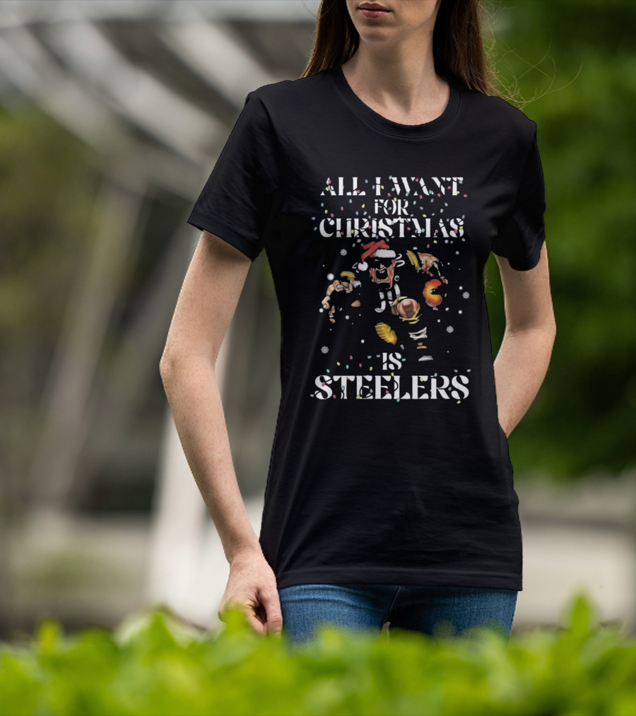 All I Want For Christmas Is Steelers Festive Football Fan Santa Motif T-Shirt