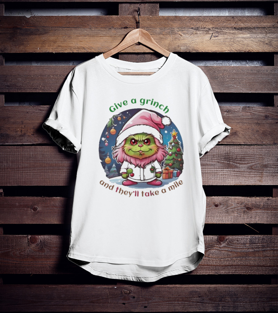 Chibi Pink Grinch Christmas Scene Give A Grinch And They’ll Take A Mile T-Shirt