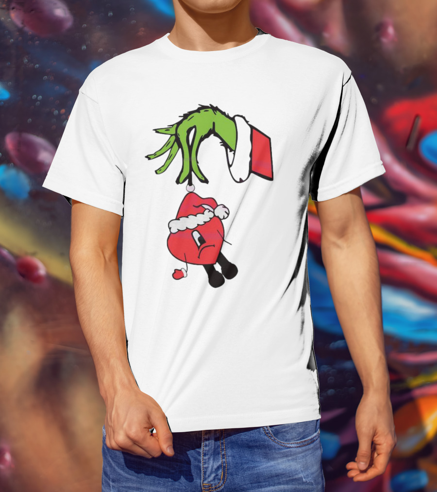 Grinch Hand Holding Santa Hat Bad Bunny Xmas T-Shirt