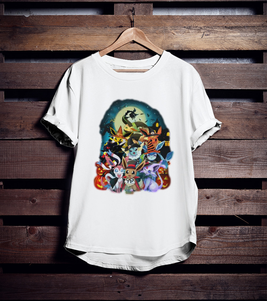 Halloween Eevee All Evolutions With Pumpkins And Witch Hat Moon Scene T-Shirt