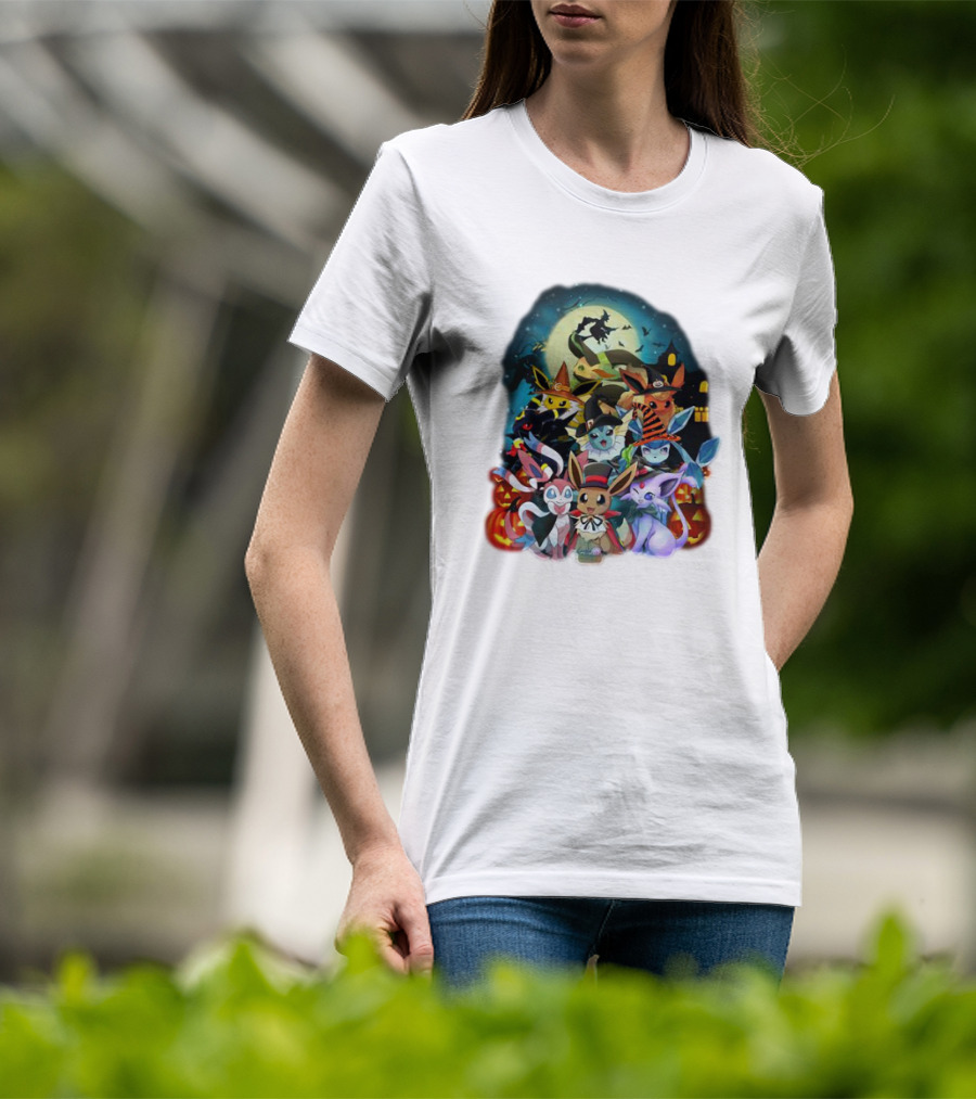 Halloween Eevee All Evolutions With Pumpkins And Witch Hat Moon Scene T-Shirt