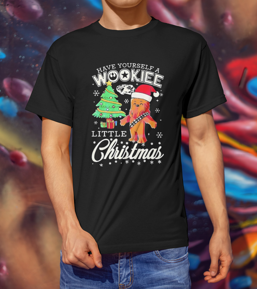Have Yourself A Wookiee Little Christmas Tree Chewbacca Santa Hat Millennium Falcon Snowflakes T-Shirt