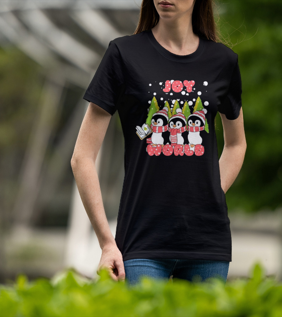 Joy World Penguins Singing With Trees And Snowflakes T-Shirt