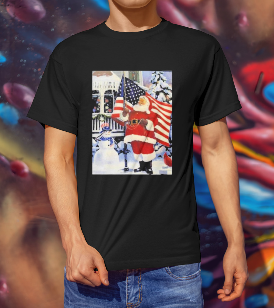 Santa Claus And Snowman With American Flag In Winter Scene T-Shirt
