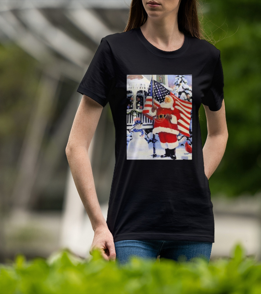 Santa Claus And Snowman With American Flag In Winter Scene T-Shirt