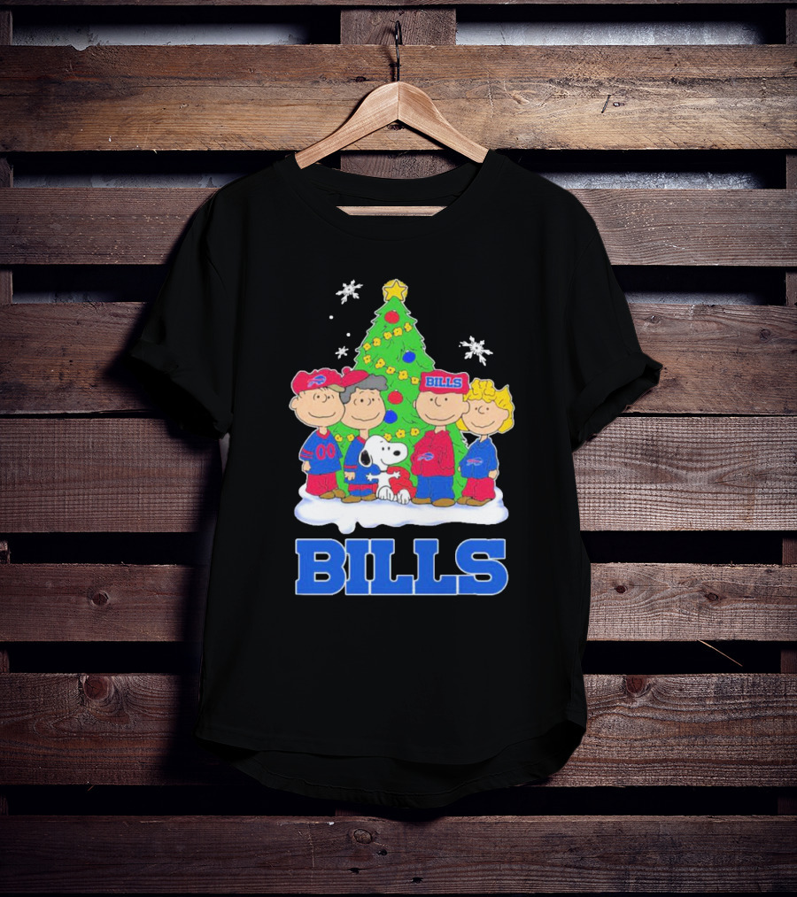 Peanuts Characters With Buffalo Bills Christmas Tree And Snowflakes T-Shirt