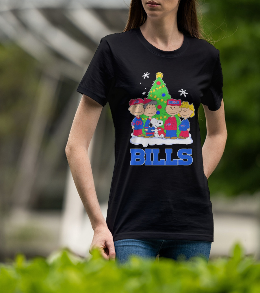 Peanuts Characters With Buffalo Bills Christmas Tree And Snowflakes T-Shirt