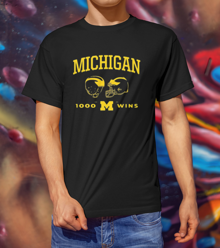 Michigan Wolverines Football 1000 Wins Celebration Dual Helmet T-Shirt