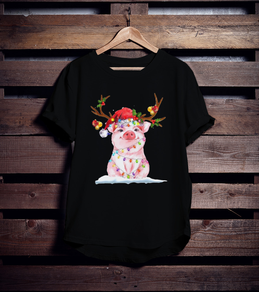 Pig Reindeer Antlers Santa Hat Christmas Lights T-Shirt