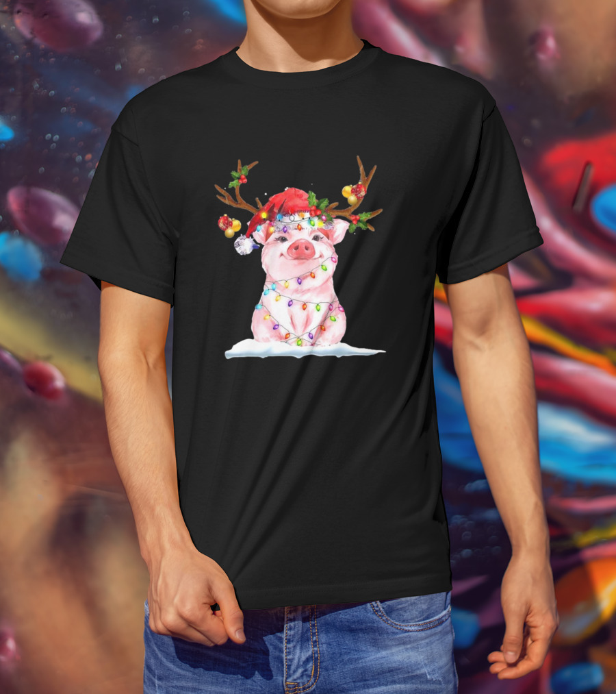 Pig Reindeer Antlers Santa Hat Christmas Lights T-Shirt