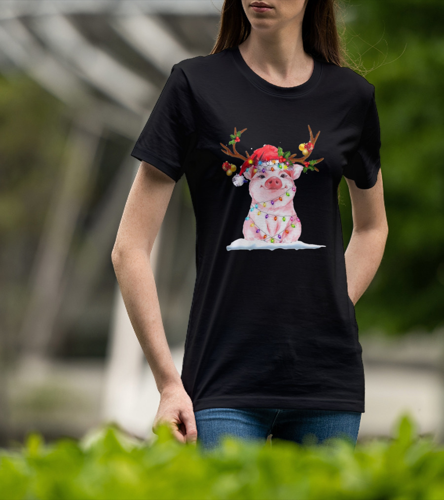Pig Reindeer Antlers Santa Hat Christmas Lights T-Shirt