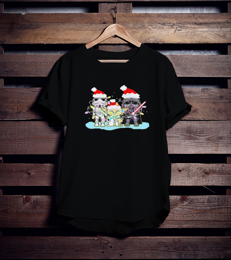 Star Wars Characters Santa Hat Christmas Lights Funny Vibes T-Shirt