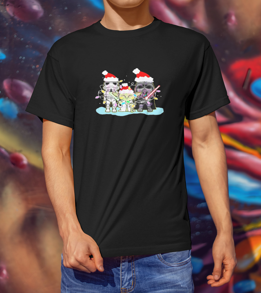 Star Wars Characters Santa Hat Christmas Lights Funny Vibes T-Shirt