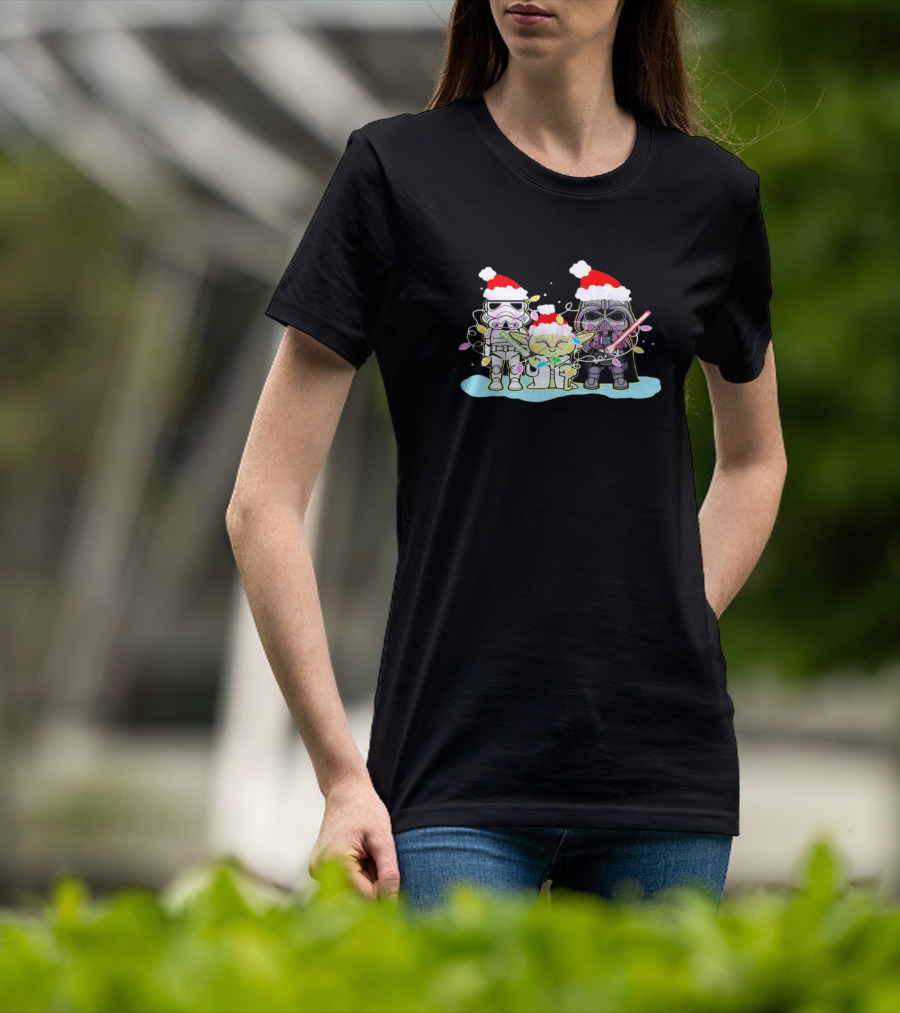 Star Wars Characters Santa Hat Christmas Lights Funny Vibes T-Shirt
