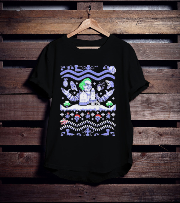 Christmas Beetlejuice Snowy House Scene And Ghostly Icons T-Shirt