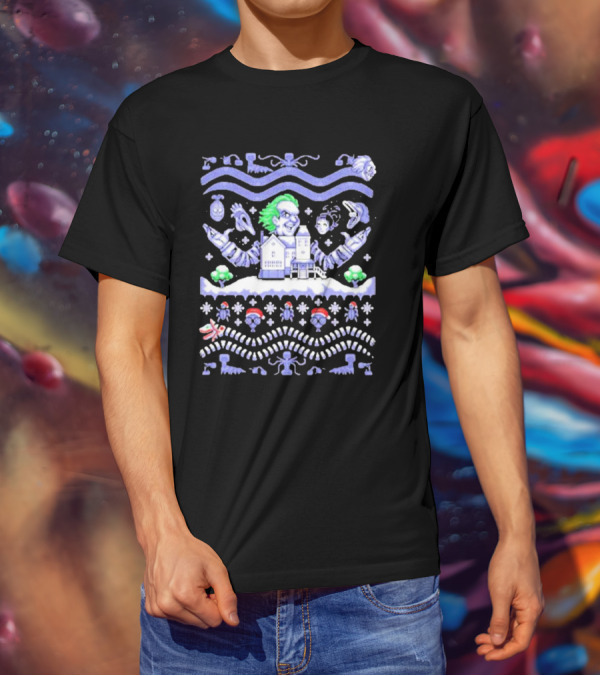 Christmas Beetlejuice Snowy House Scene And Ghostly Icons T-Shirt