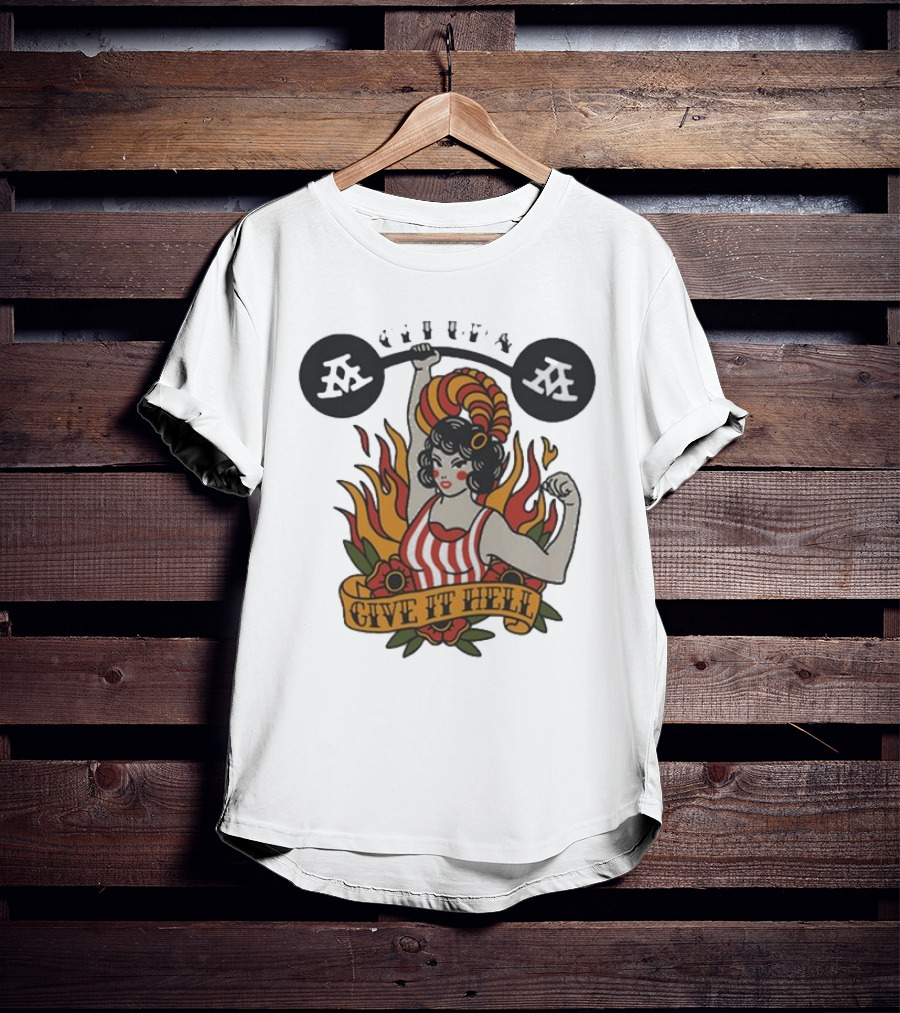 Get Up Give It Hell Retro Strongwoman Flames Barber Pole Haircurl Stripes Roses Boxing Gym Vintage T-Shirt