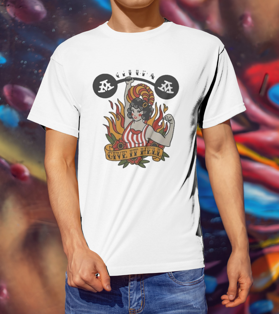 Get Up Give It Hell Retro Strongwoman Flames Barber Pole Haircurl Stripes Roses Boxing Gym Vintage T-Shirt