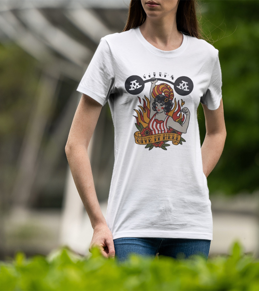 Get Up Give It Hell Retro Strongwoman Flames Barber Pole Haircurl Stripes Roses Boxing Gym Vintage T-Shirt