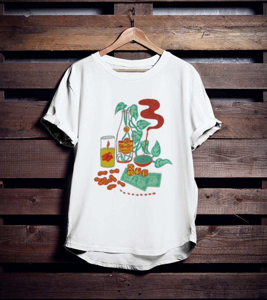 Quarenscene Natural Topo Chico Bottle With Dice, Peanuts, Dollar Bills, Glass, And Smoking Pipe Scene T-Shirt
