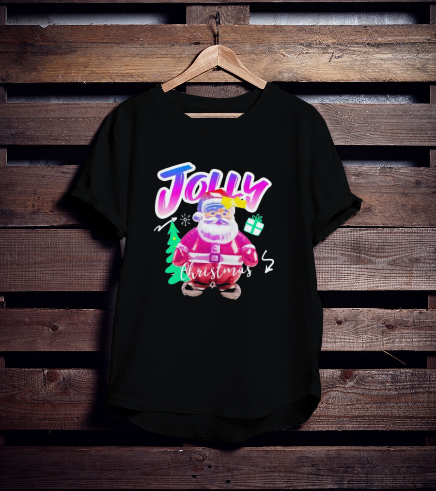 Jolly Merry Christmas Santa Balloon With Gift And Christmas Tree T-Shirt