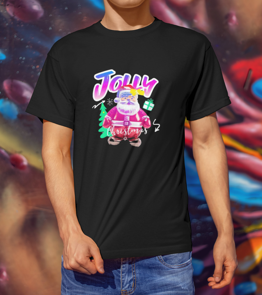 Jolly Merry Christmas Santa Balloon With Gift And Christmas Tree T-Shirt