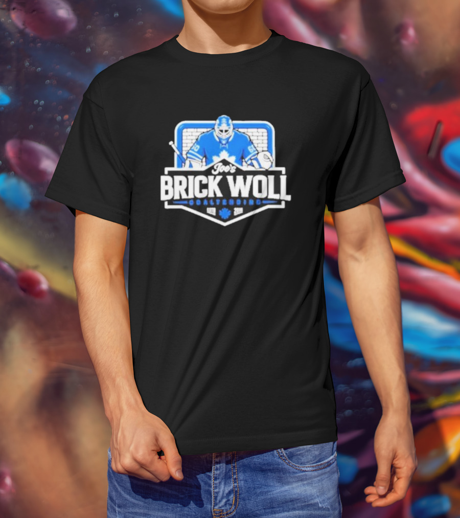 Joe's Brick Woll Goaltending Hockey Maple Leafs 60 Blue Goalie Blocking Net T-Shirt