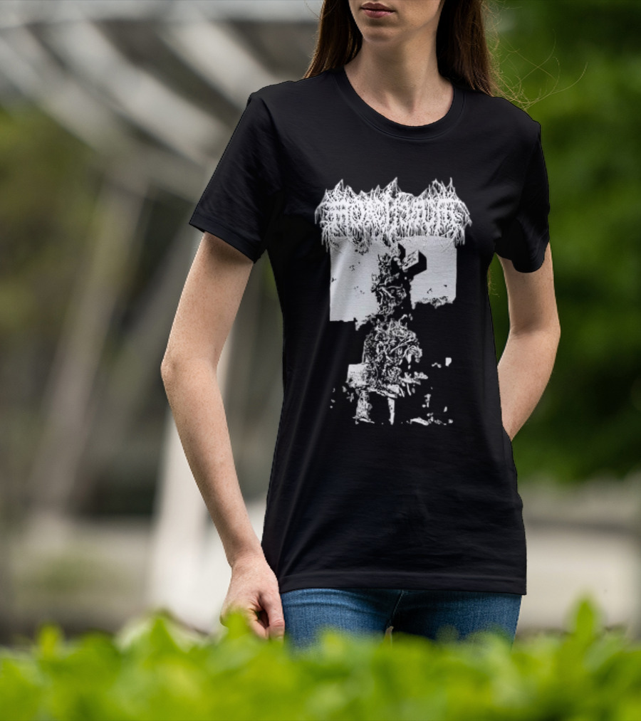 Mortiferum Burial Stone Cross Death Metal Band Logo With Gothic Cemetery T-Shirt