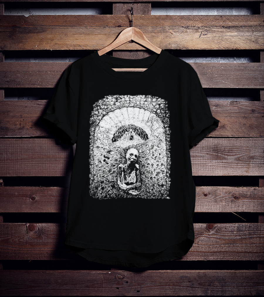 Mortiferum Cave Dweller Skeleton In Gothic Archway T-Shirt