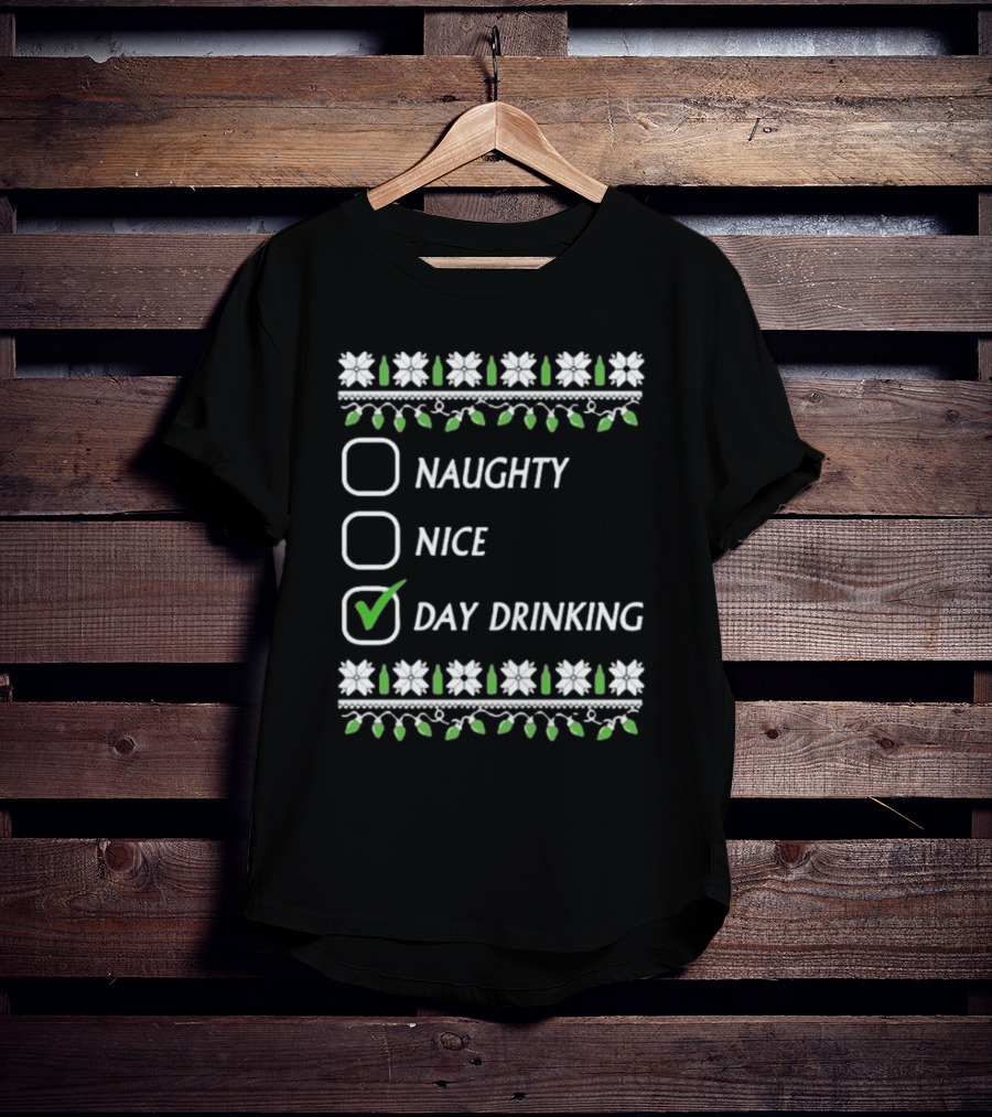 Naughty Nice Day Drinking Christmas Floral Checklist T-Shirt
