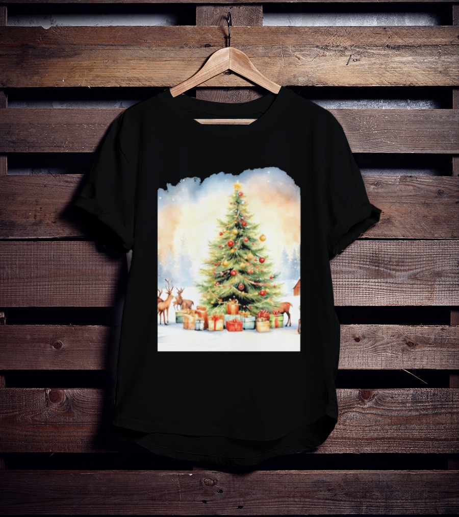 Watercolor Christmas Tree With Reindeer And Presents Scene T-Shirt