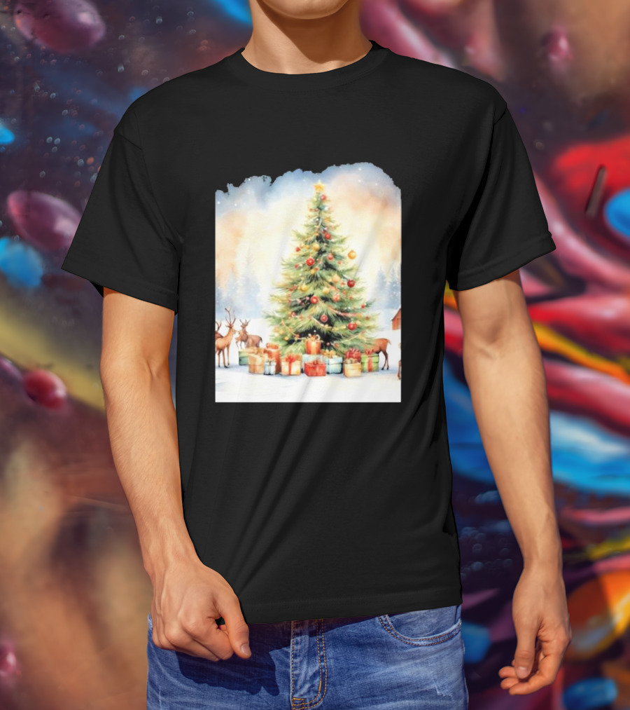 Watercolor Christmas Tree With Reindeer And Presents Scene T-Shirt