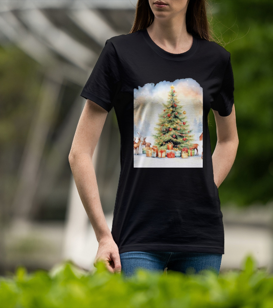 Watercolor Christmas Tree With Reindeer And Presents Scene T-Shirt