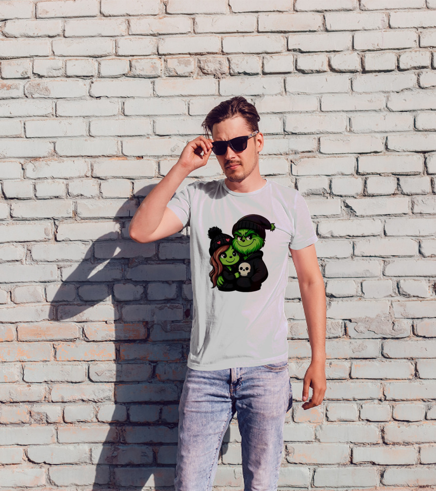 Cute Grinch And Girlfriend In Black Beanies With Skull Hoodie And Heart Details T-Shirt