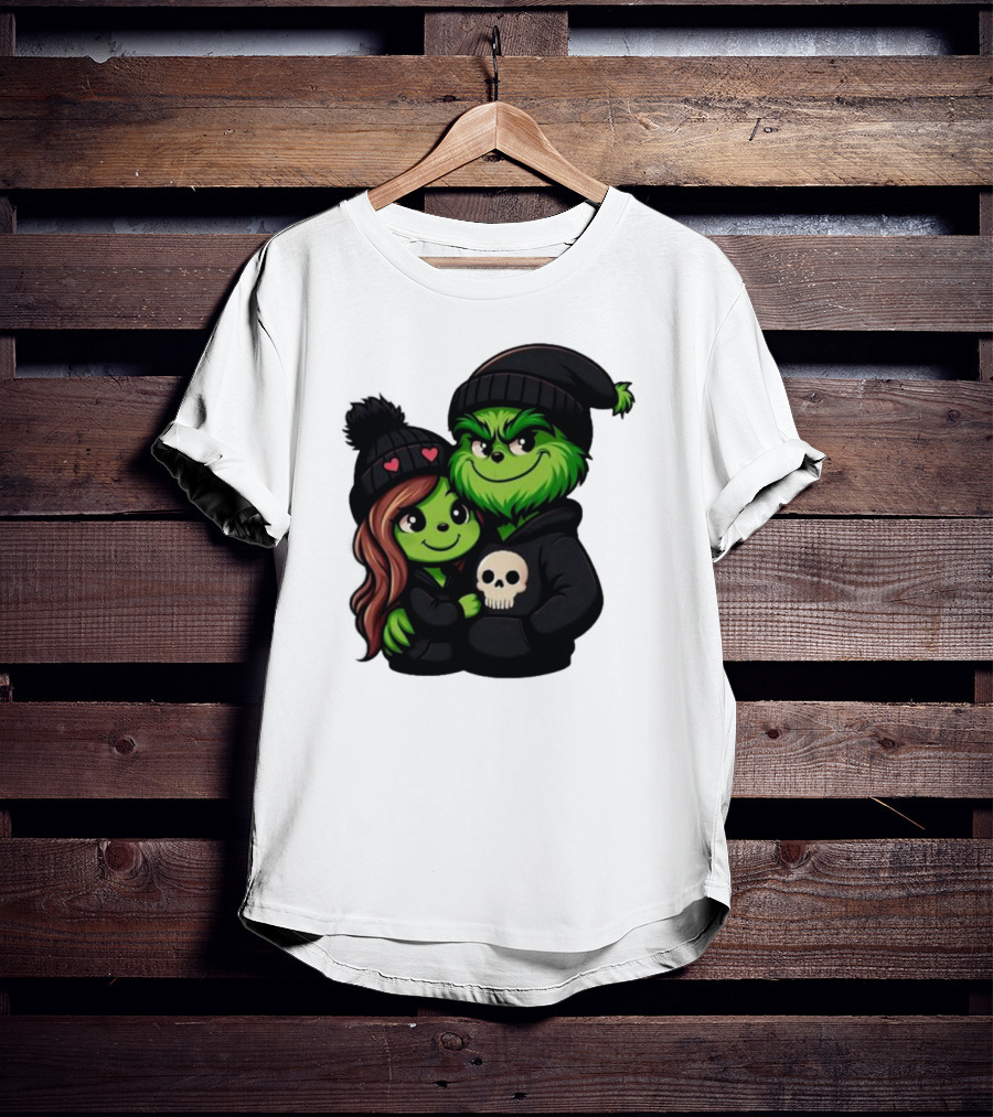 Cute Grinch And Girlfriend In Black Beanies With Skull Hoodie And Heart Details T-Shirt