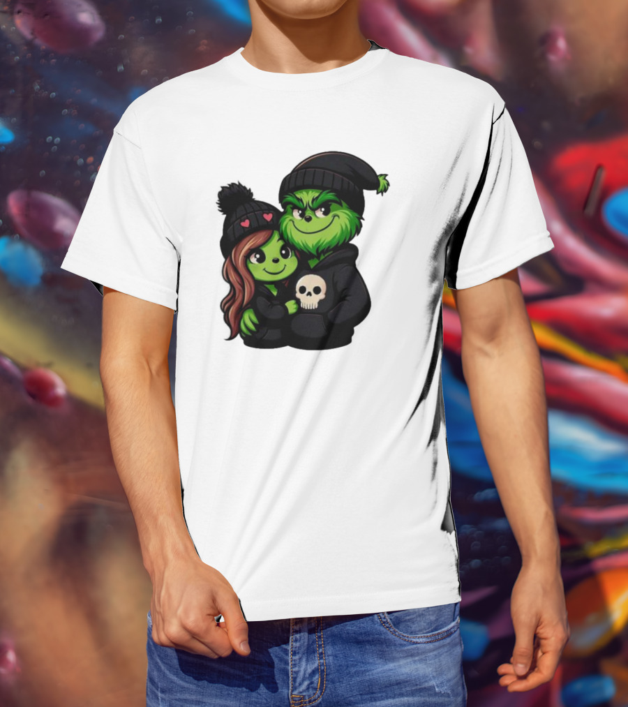 Cute Grinch And Girlfriend In Black Beanies With Skull Hoodie And Heart Details T-Shirt