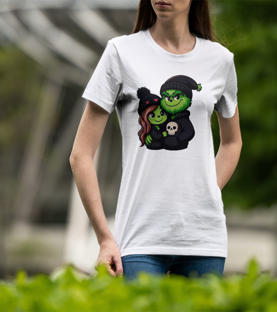 Cute Grinch And Girlfriend In Black Beanies With Skull Hoodie And Heart Details T-Shirt